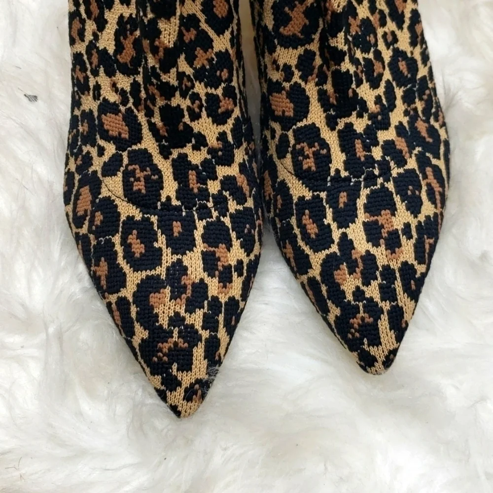 Something Navy Leopard Print Knit Heels Sock Boots 5